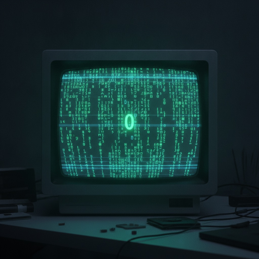 Retro CRT terminal with cascading glyphs and a glowing zero
